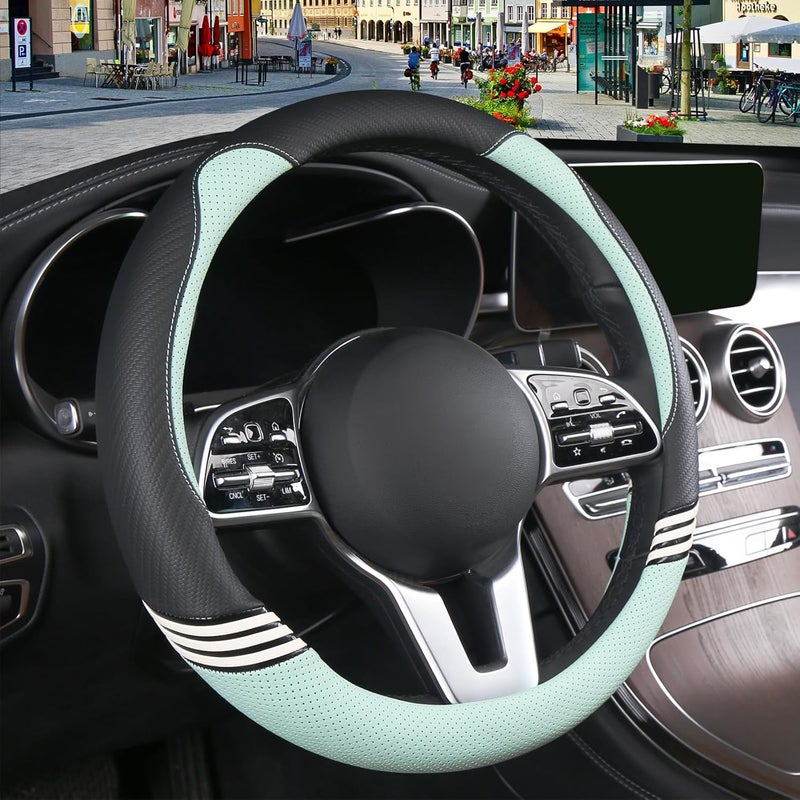 Binsheo Cute Steering Wheel Cover for Women Men Leather Universal 15 inch,Black and Green - Image 1