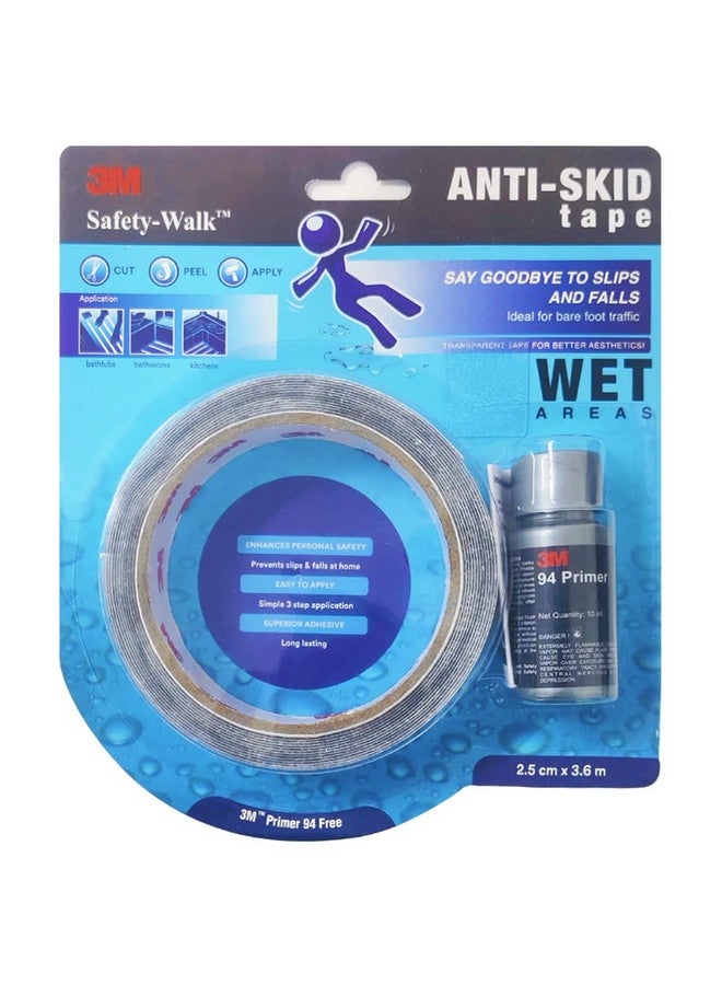 3M 3M Anti Skid Tape with Primer 10ml, Heavy Duty Transparent Adhesive Tape for Bathrooms, Kitchen, Bathtubs, Prevent Slip & Falls, Easy to Apply, Long Lasting, Skid Resistant (2.5cmx3.6m, Wet Areas)  - Image 1