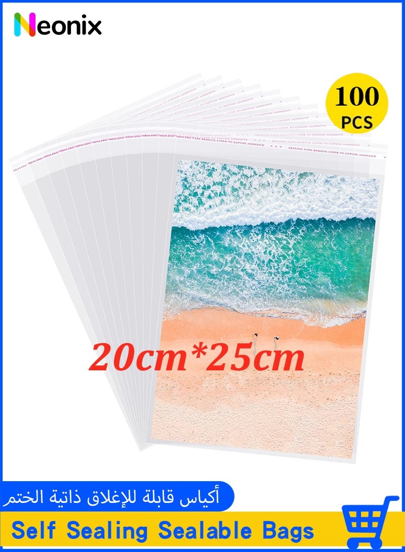 Neonix Self Sealing Cellophane Bags Self Adhesive,20x25 cm 100 Pcs Clear Resealable Cellophane Bags For Packaging Products, Clothing, Photos and Cards - Image 1