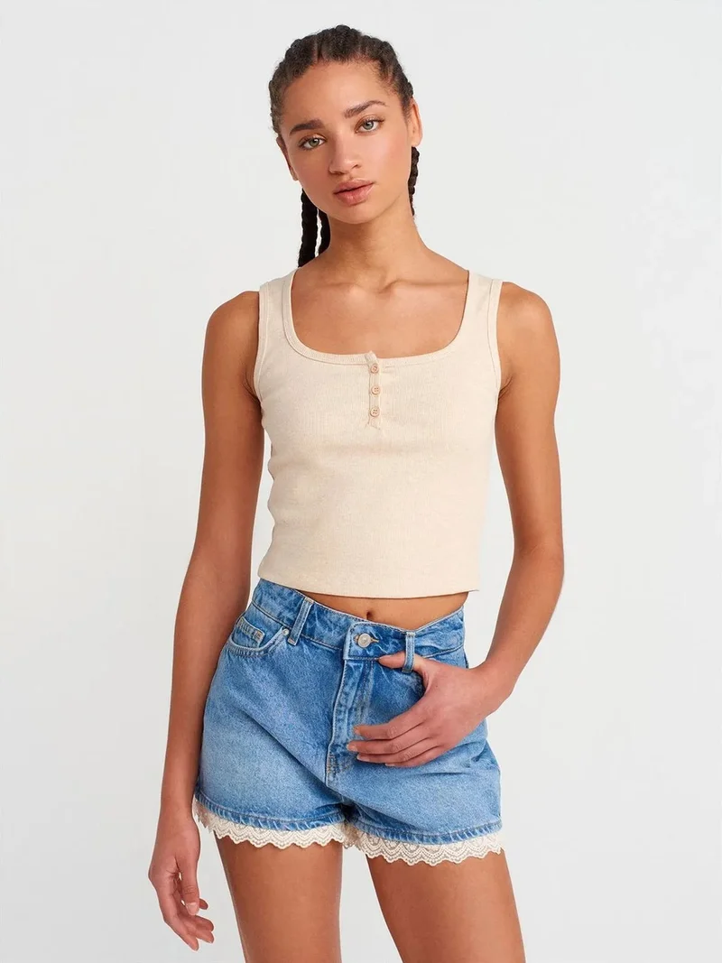 ديلفين Dilvin Women's Ribbed Crop Button-front Cami Blouse
