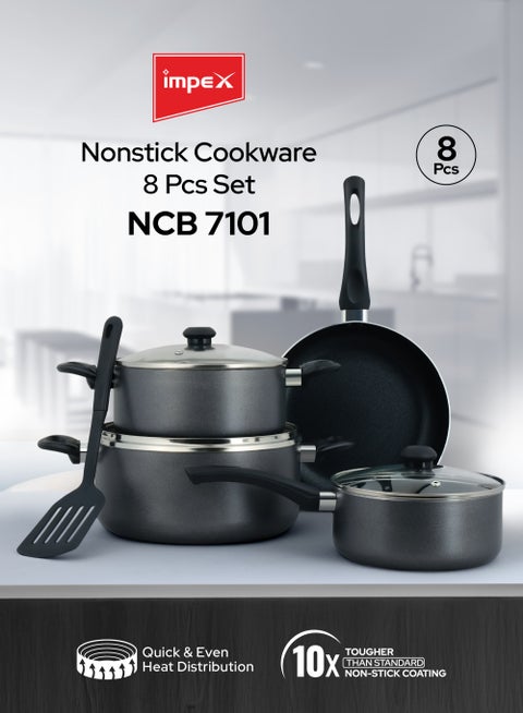 8-Piece Aluminium Cookware Set | Nonstick Surface | Heat-Resistant Handles | 10x Tougher Than Standered Non-Stick Coating | Includes Fry Pan, Saucepan, Casserole & Nylon Turner | Tempered Glass Lids | NCB 7101