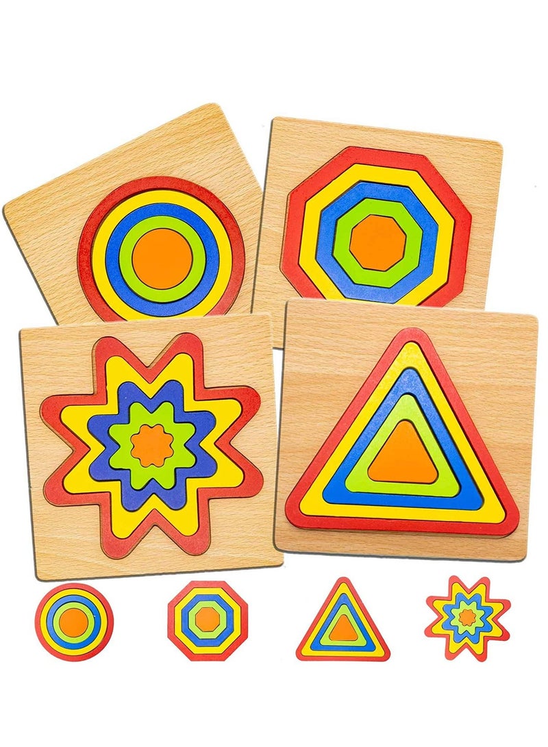 Set of 4 Rainbow Wooden Shape Jigsaw Puzzles - Color Shape Sorting Stacking Matching Montessori Toys Birthday for Toddlers Kindergarten Preschool Kids  - Image 1
