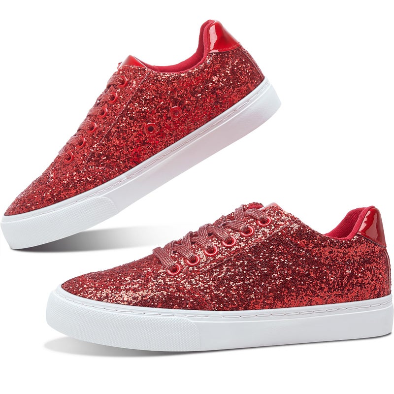 Jeekopeg Glitter Sparkly Fashion Sneakers Shiny Casual Shoes Bling Sequin Concert Low Cut Lace up Shoes(Red Glitter,10 Women/8 Men) - Image 1