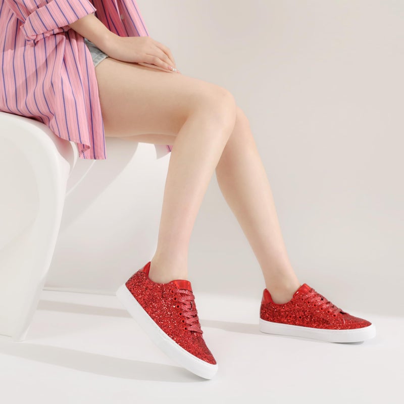Jeekopeg Glitter Sparkly Fashion Sneakers Shiny Casual Shoes Bling Sequin Concert Low Cut Lace up Shoes(Red Glitter,10 Women/8 Men) - Image 3