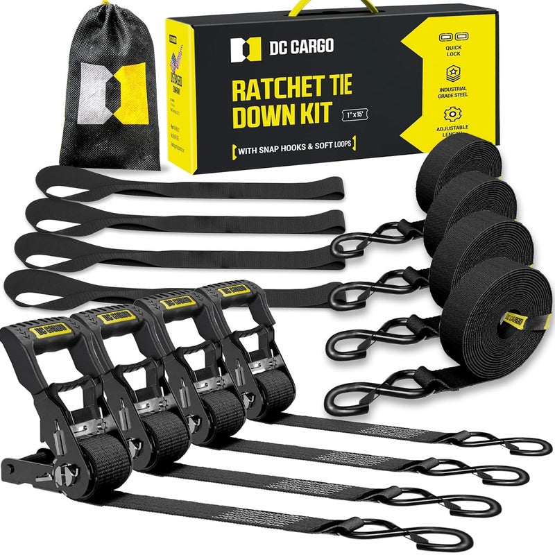 DC Cargo Mall Ratchet Straps Tie Downs 4 Pack 1800 LB Break Strength 1 x 15 Feet Tie Down Straps with Safety Lock S Hooks for Cargo Trucks Appliances Moving