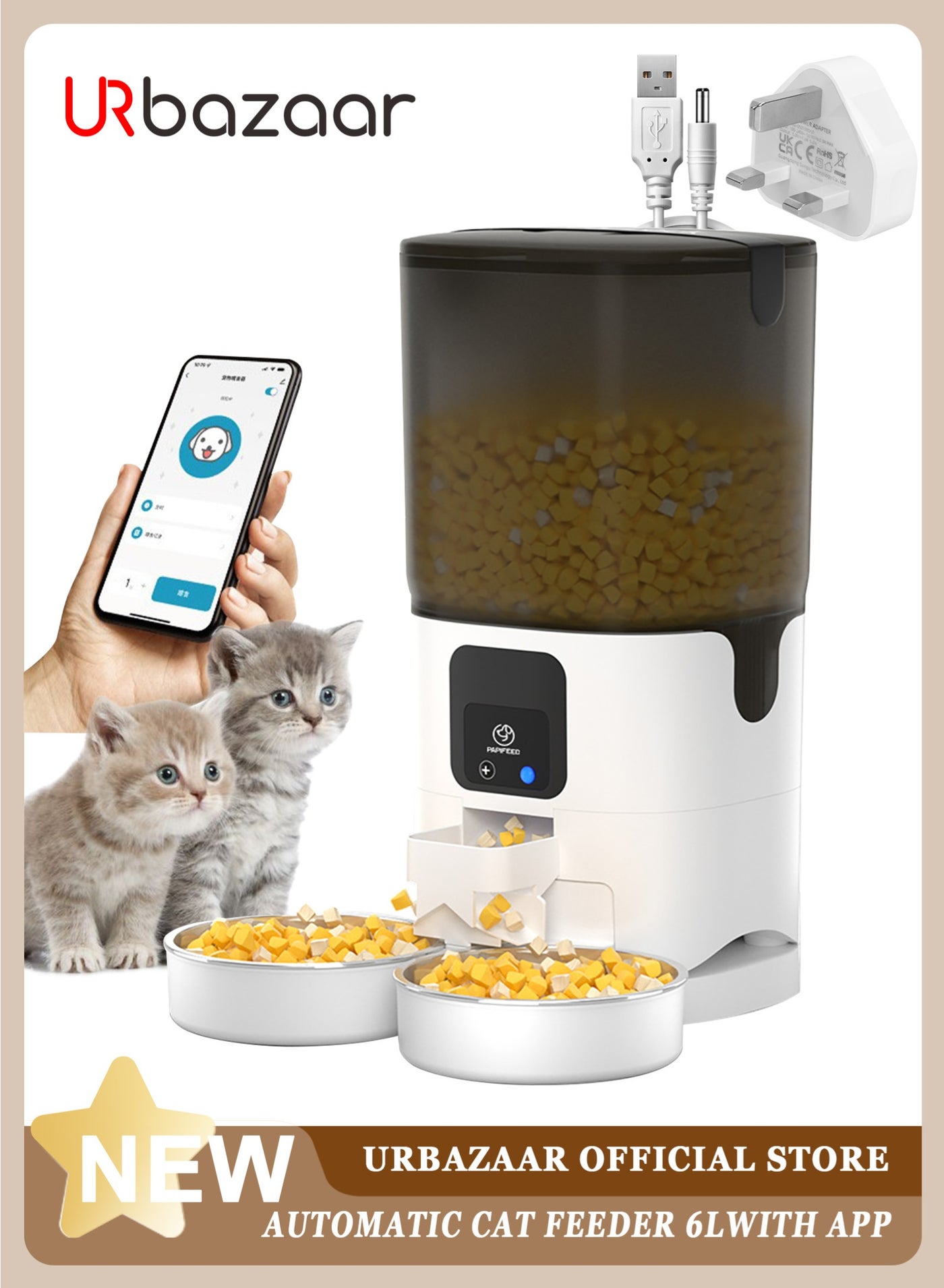 7L Automatic Cat Feeder,Pet Feeder with APP Control for Pet Dry Food Timing Quantitative Feeder Body Dispenser with Portion Control- 10 times 12 servings