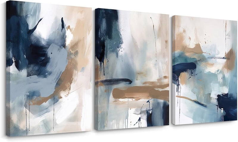 Youillne Abstract Navy Blue Canvas Wall Art Set of 3 - Image 1