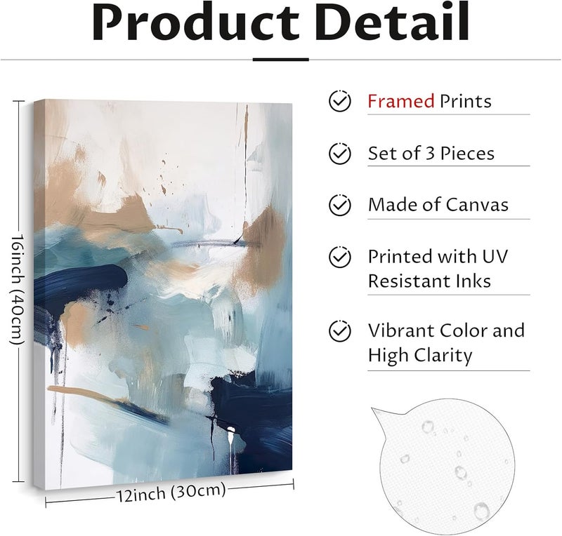 Youillne Abstract Navy Blue Canvas Wall Art Set of 3 - Image 2
