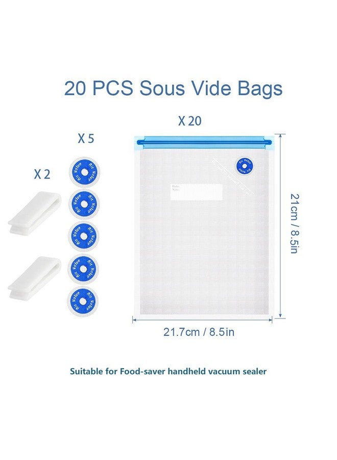 FIRAWER Sous Vide Bags Reusable 27Pcs, BPA Free Food Vacuum Sealer Bags, Food Storage Bags, Vacuum Zipper Bags for Sous Vide Cooking - 20Pcs Food Sealer Bags & 5 Air Valves & 2 Seal Clips (8.5X8.5 in) 1.4L - Image 2