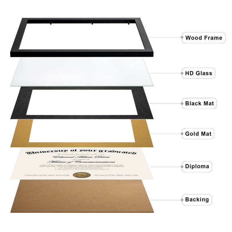 upsimples 11x14 Diploma Frame Certificate Degree Document Frame with High Definition Glass, 8.5 x 11 with Mat for Wall and Tabletop, Black, 2 Pack - Image 2