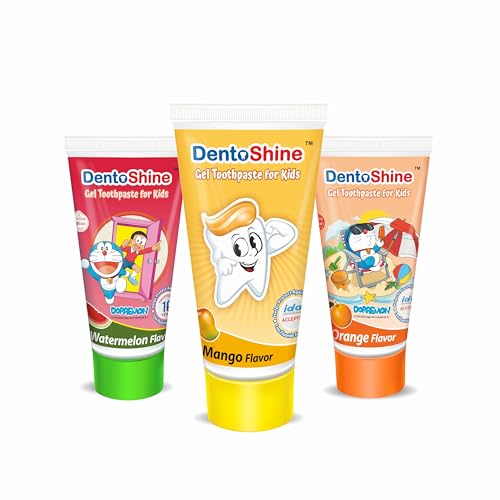 DentoShine Gel Toothpaste for Kids | Pack of 3 Flavors (Orange, Raspberry & Mango, 80g each) | IDA Accepted | Ages 2+ - Image 1