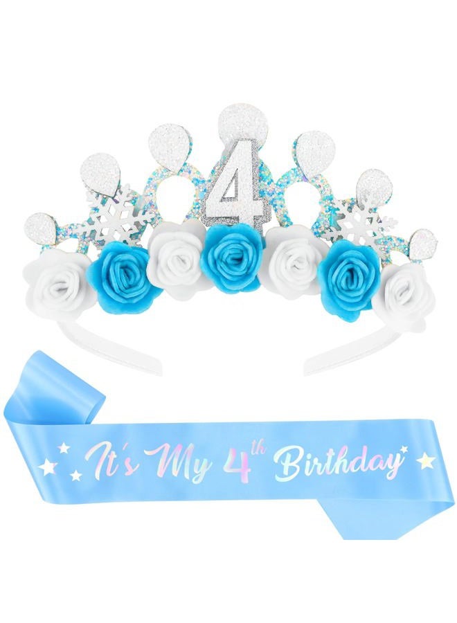 Cubaco 4th Birthday Crown Headband and Sash, 4 Year Old Girl Birthday Gifts for Blue Princess Crown, Frozen Party Decorations Favors for Girls Outfit - Image 1