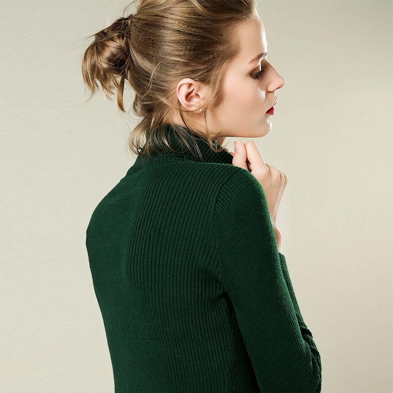 Turtleneck Women'S Long-Sleeved Knitted Base Shirt Interior Slim-Fit Solid Color Pullover Tight Top - Image 1