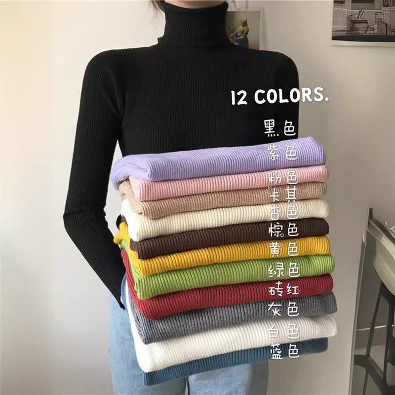 Turtleneck Women'S Long-Sleeved Knitted Base Shirt Interior Slim-Fit Solid Color Pullover Tight Top - Image 5