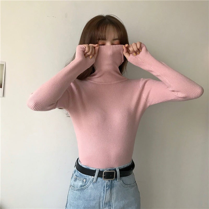 Turtleneck Women'S Long-Sleeved Knitted Base Shirt Interior Slim-Fit Solid Color Pullover Tight Top - Image 2