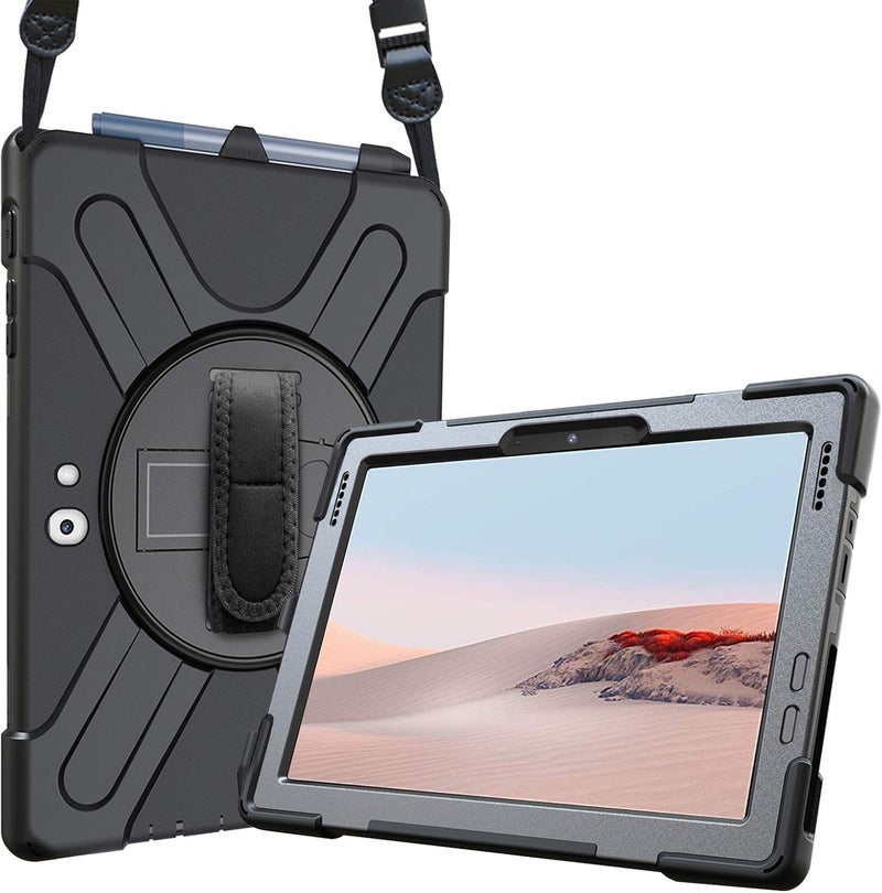 Procases Shockproof Protective Case For Microsoft Surface Go 4/3/2 Surface Go 2023 2021 2020 2018, 360 Degree Rotation Hybrid Rugged Heavy-Duty Cover With Kickstand, Hand Strap Shoulder Belt –Black - Image 1