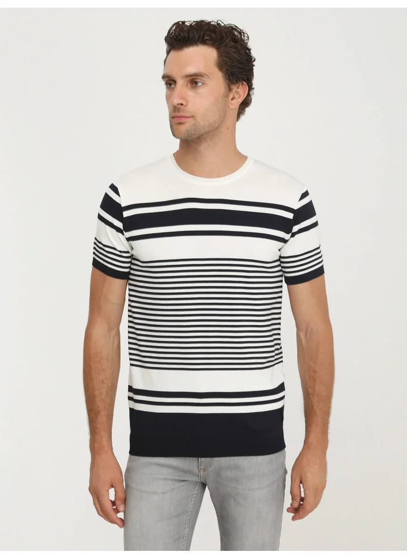 Kip Navy Blue Crew Neck Striped Sweater