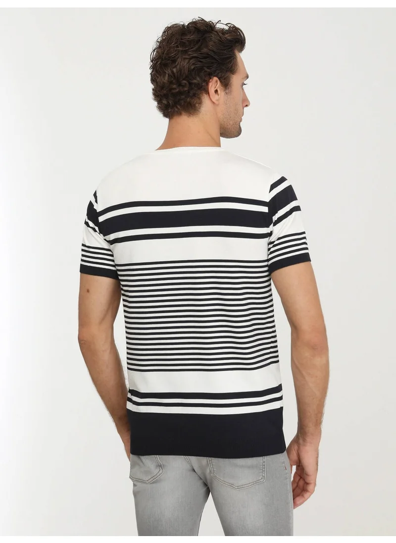 كيب Navy Blue Crew Neck Striped Sweater