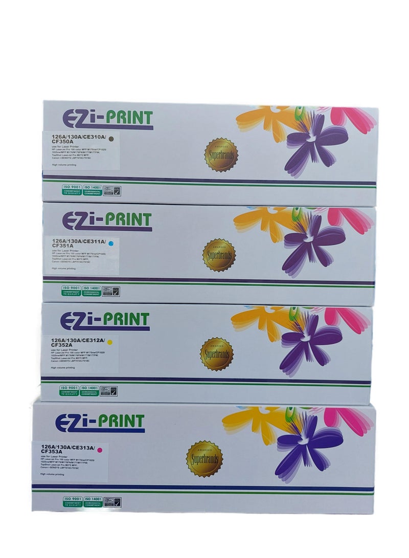 ايزي برنت خراطيش حبر بديلة متوافقة 126A (SET) لطابعات HP Pro CP1025 CP1025NW M175 275 CE310A CE311A CE312A CE313A (أسود، سماوي، أصفر، أرجواني) - Image 1