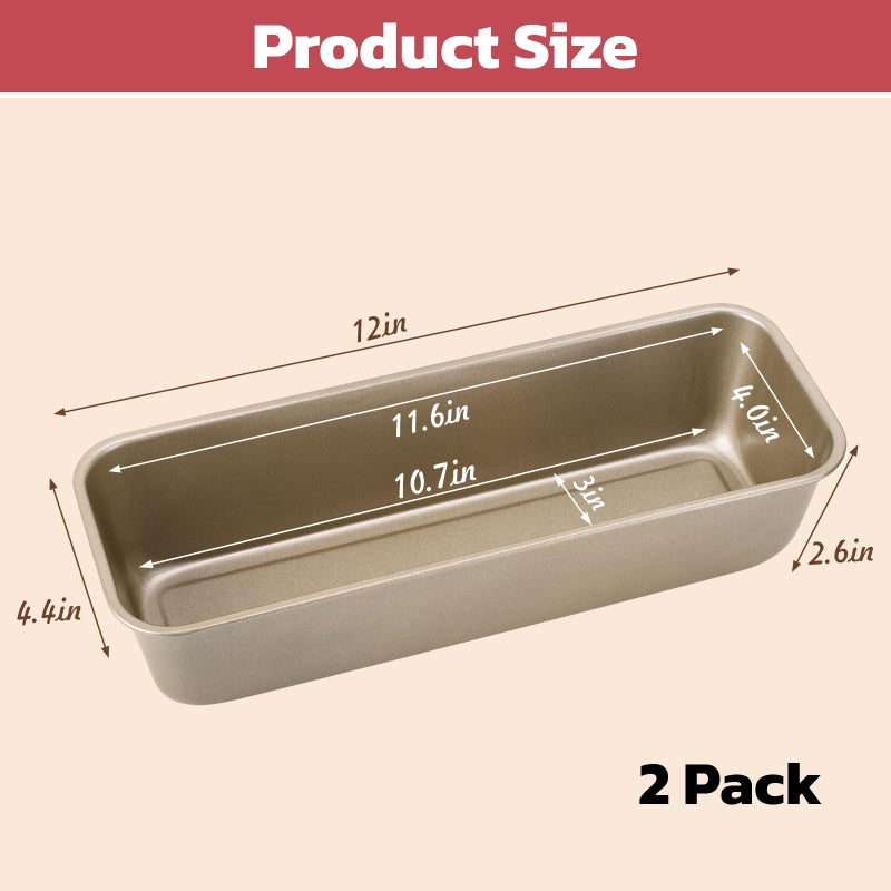 Beasea Long Loaf Pan, 12x4 Inch Rectangle Bread Loaf Pan Set of 2, Nonstick Bread Pans Carbon Steel Toast Pan Golden Cake Pan Loaf Baking Pans Bakeware for Oven Baking - Image 2