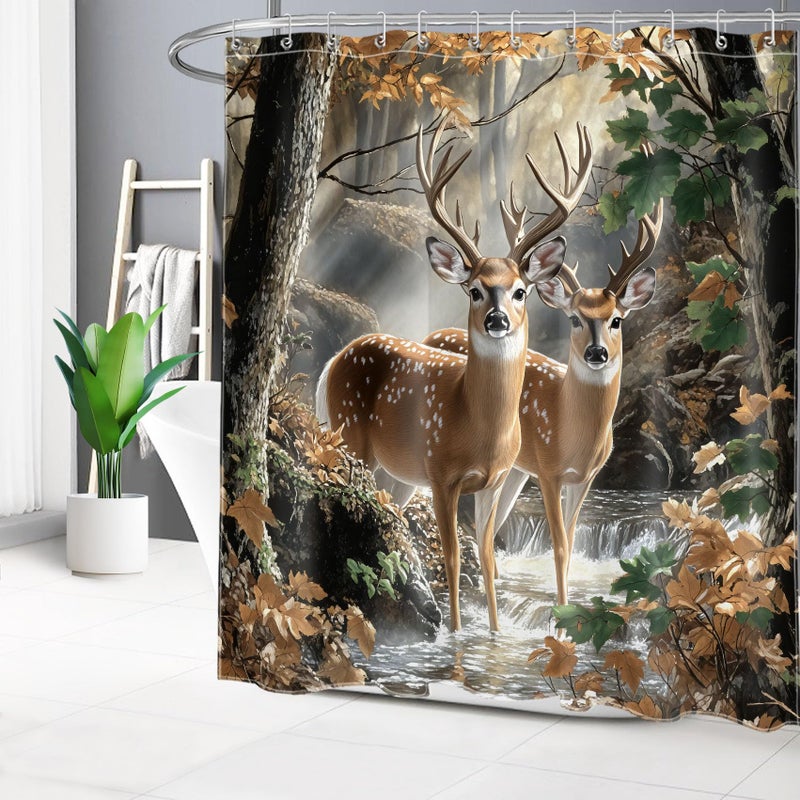 ال بي LB غابة الغزلان الستار للحياة البرية الريفية حيوان الغزلان النباتية الحمام دش الستار الأخضر أوراق نباتية الحمام ستارة الحمام مع السنانير 72LX72W بوصة البوليستر نارية الحمام - Image 2