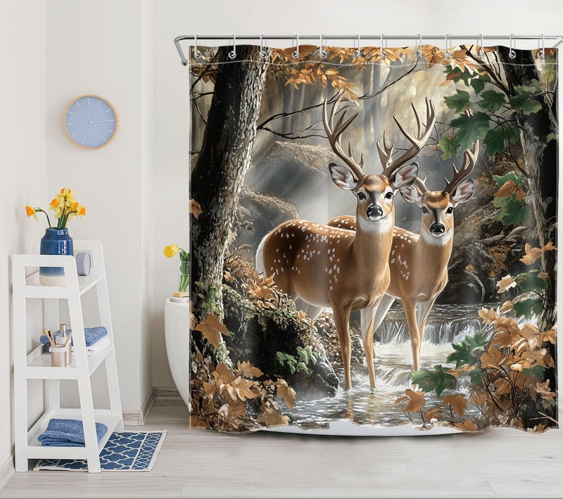 ال بي LB غابة الغزلان الستار للحياة البرية الريفية حيوان الغزلان النباتية الحمام دش الستار الأخضر أوراق نباتية الحمام ستارة الحمام مع السنانير 72LX72W بوصة البوليستر نارية الحمام - Image 3