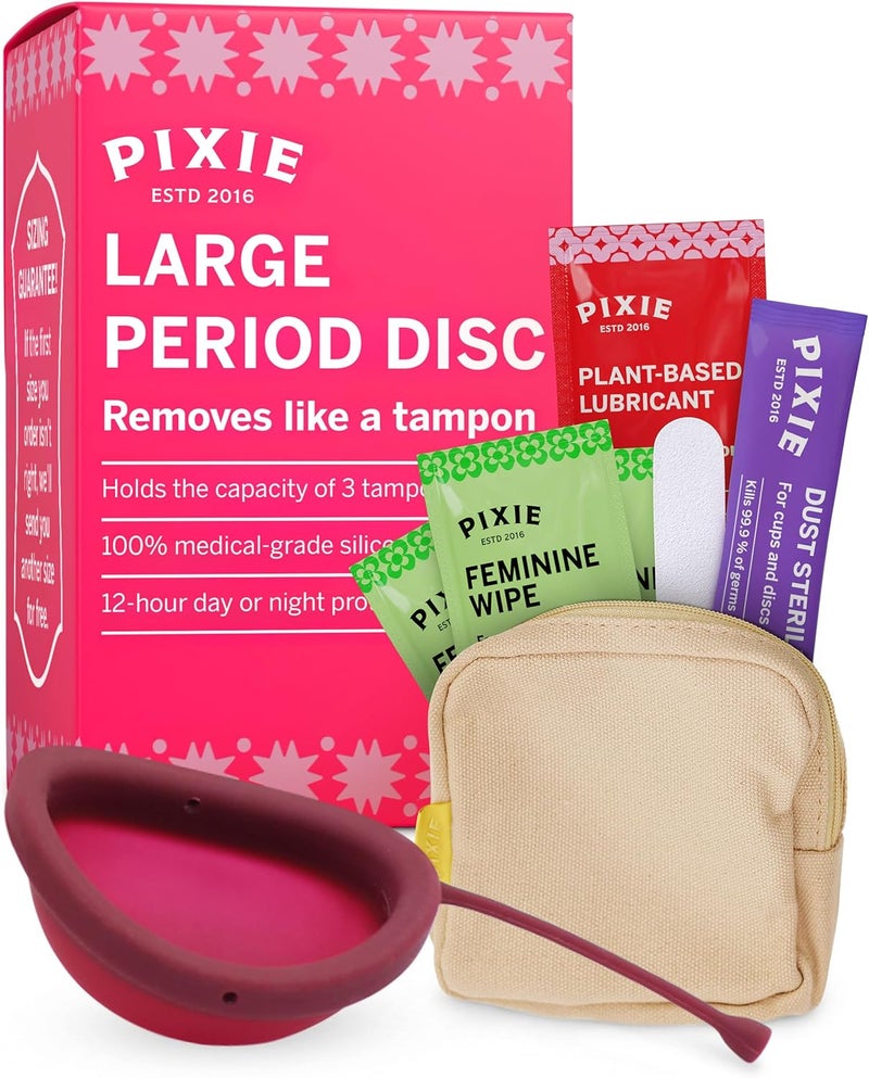 Pixie Cup Pixie Menstrual Disc - No Metals or Toxins - 100% Medical-Grade Silicone - Ranked 1 for Most Soft Reusable Period Disc - Removes Like a Tampon - Wear 12 Hours - Capacity of 7 Tampons (Large) 
