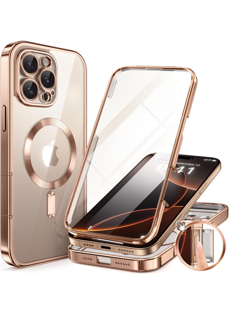 BERFY Magnetic for iPhone 16 Pro Max Case Compatible with MagSafe [Built-in 9H Tempered Screen Protector & Upgraded Camera Protection] Full Body Plating Phone Case for 16 Pro Max, Clear Desert Gold  - Image 1