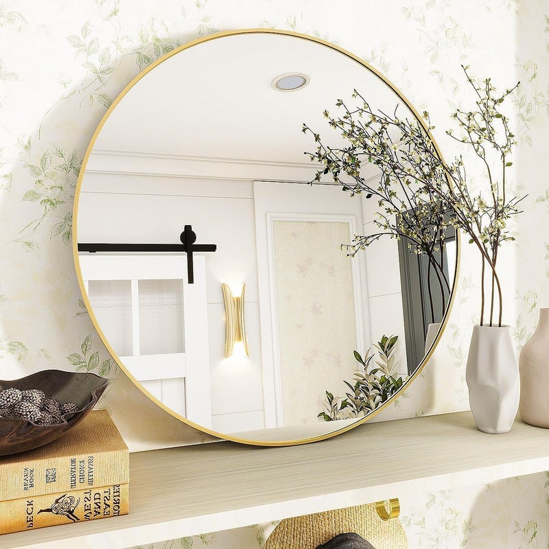 TNTAIAHL Black Round Bathroom Mirror, 24 inch Circle Mirror, Round Wall Mirror with Simple Metal Frame, Modern Round Hanging Mirror for Bathroom, Hallway, Living Room (Gold, 20x20) - Image 4