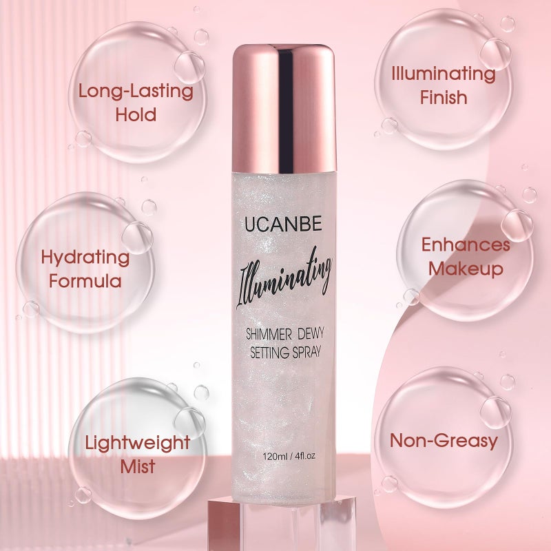 UCANBE رذاذ تثبيت لامع ورطب - لامع + رذاذ تثبيت مكياج 2 في 1 تركيبة خفيفة لوهج مشرق، رذاذ وجه طويل الأمد للوجه والجسم، 4 أونصة سائلة #فضي - Image 3