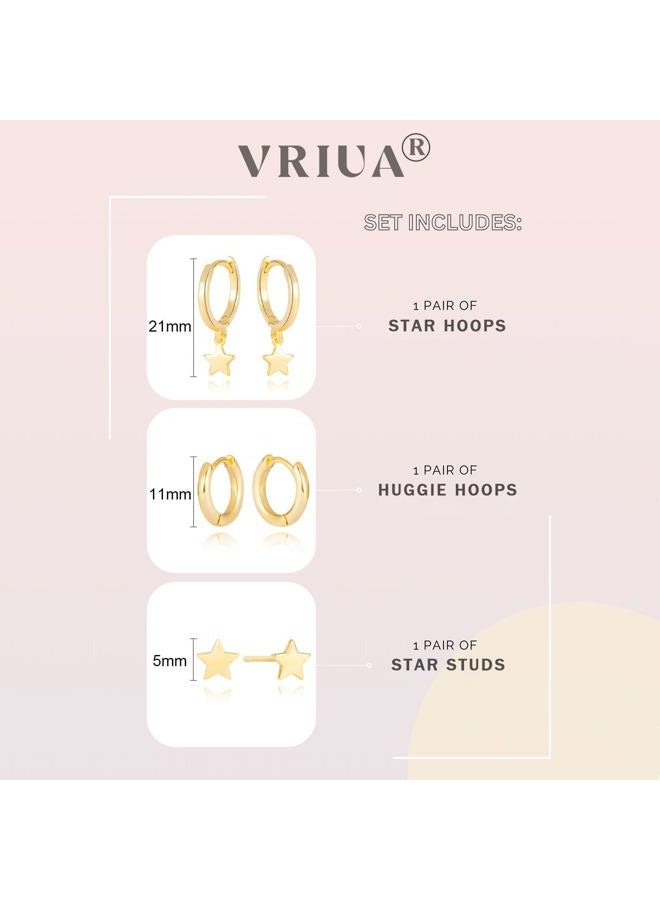 VRIUA Gold Hoop Earrings Set - 14K Gold Plated Dainty Stacks Earrings Star Earring Sets for Multiple Piercing Cartilage Huggie Hoop Earrings for Women Trendy Jewelry - Image 4