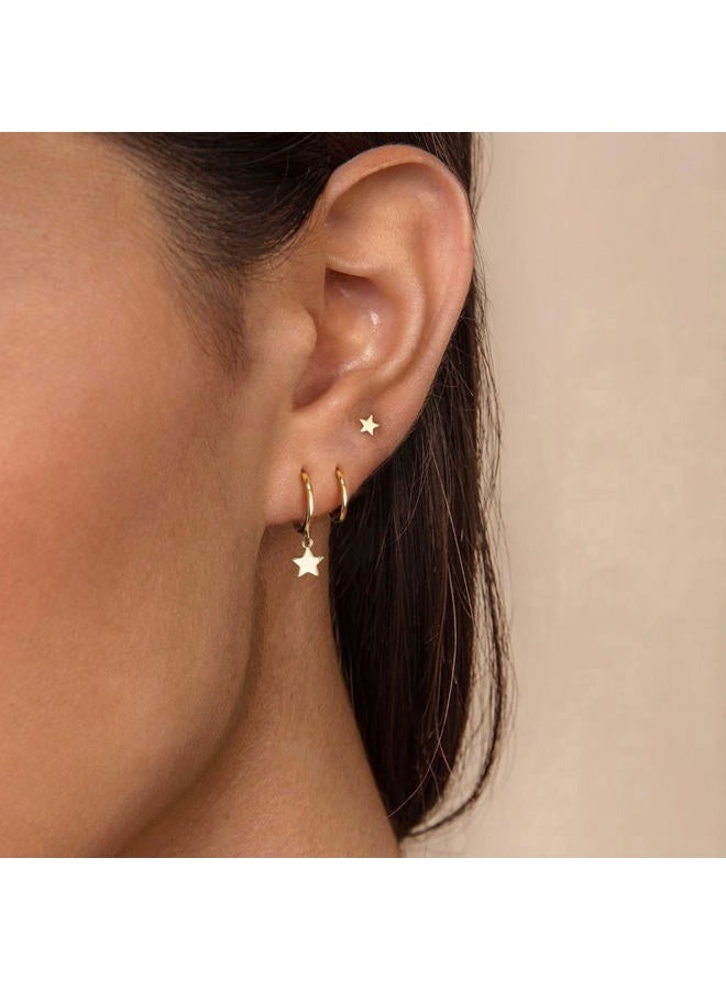 VRIUA Gold Hoop Earrings Set - 14K Gold Plated Dainty Stacks Earrings Star Earring Sets for Multiple Piercing Cartilage Huggie Hoop Earrings for Women Trendy Jewelry - Image 2