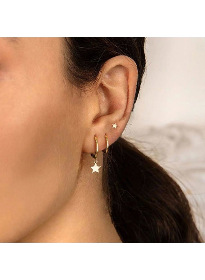 VRIUA Gold Hoop Earrings Set - 14K Gold Plated Dainty Stacks Earrings Star Earring Sets for Multiple Piercing Cartilage Huggie Hoop Earrings for Women Trendy Jewelry - Image 3