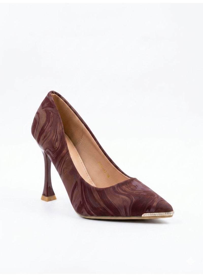 Shoe star حذاء نسائي بكعب عالٍ بنقشة مدببة - خمري - Image 1