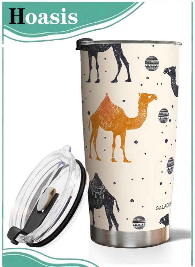 Hoasis Travel Coffee Mug 20oz/590ml Stainless Steel Double-wall Vacuum Insulated Coffee Cup with Straw and Brush, Suitable for Iced & Hot Drinks, Light Brown Camel Planet Design, Ideal Gift - Image 1