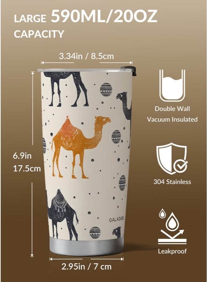Hoasis Travel Coffee Mug 20oz/590ml Stainless Steel Double-wall Vacuum Insulated Coffee Cup with Straw and Brush, Suitable for Iced & Hot Drinks, Light Brown Camel Planet Design, Ideal Gift - Image 4