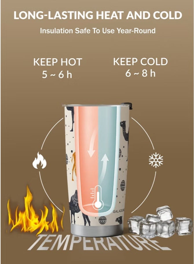Hoasis Travel Coffee Mug 20oz/590ml Stainless Steel Double-wall Vacuum Insulated Coffee Cup with Straw and Brush, Suitable for Iced & Hot Drinks, Light Brown Camel Planet Design, Ideal Gift - Image 3