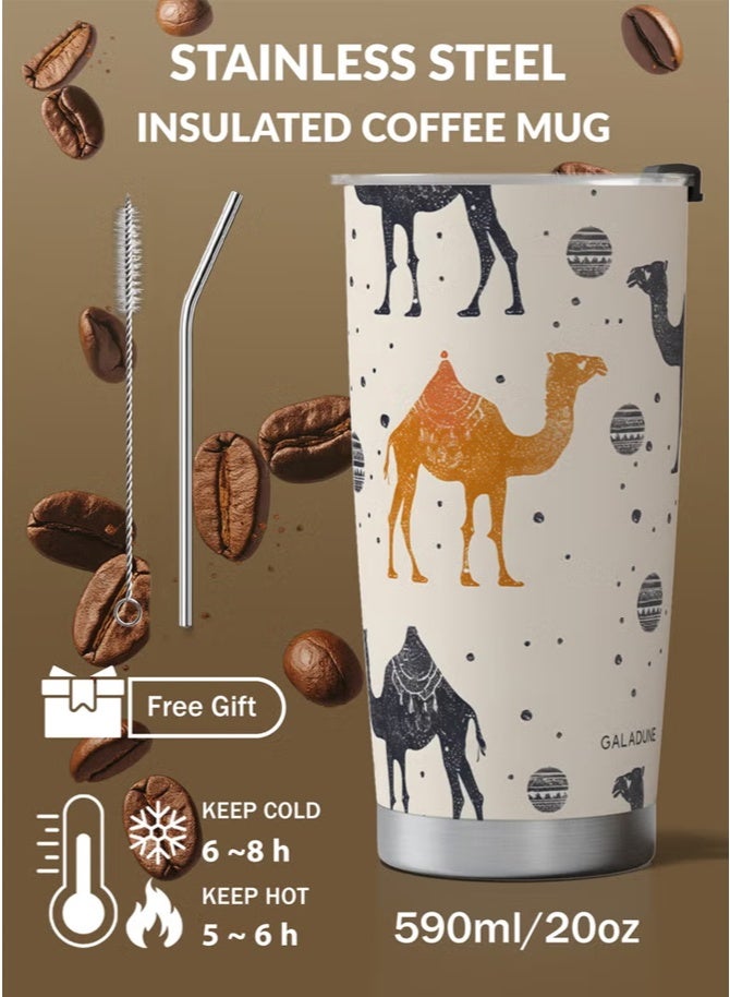 Hoasis Travel Coffee Mug 20oz/590ml Stainless Steel Double-wall Vacuum Insulated Coffee Cup with Straw and Brush, Suitable for Iced & Hot Drinks, Light Brown Camel Planet Design, Ideal Gift - Image 2