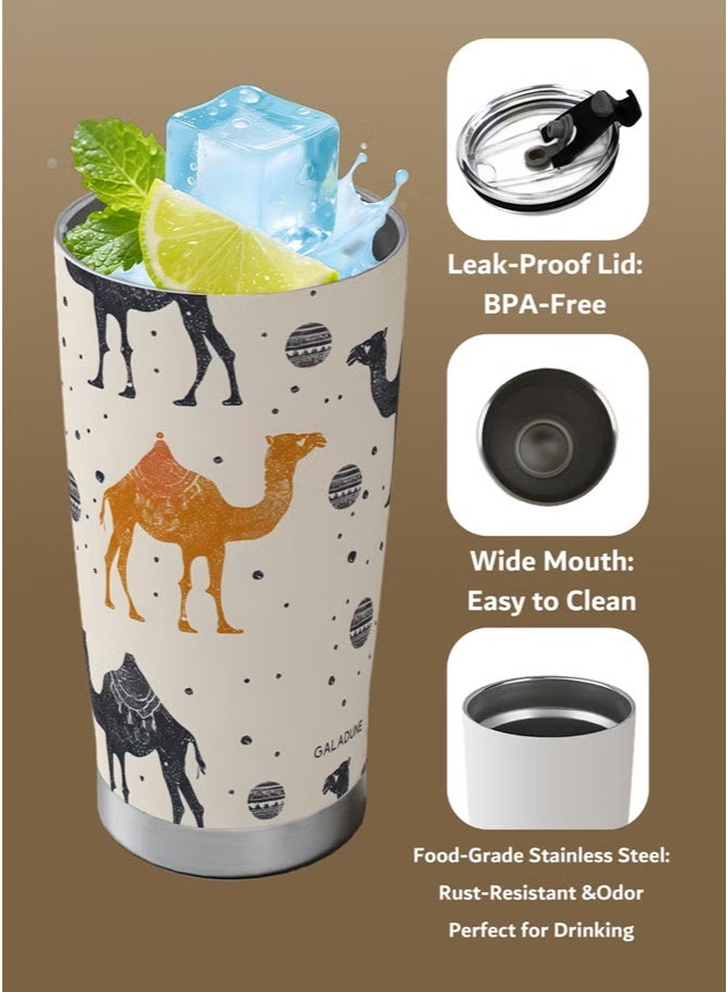 Hoasis Travel Coffee Mug 20oz/590ml Stainless Steel Double-wall Vacuum Insulated Coffee Cup with Straw and Brush, Suitable for Iced & Hot Drinks, Light Brown Camel Planet Design, Ideal Gift - Image 5