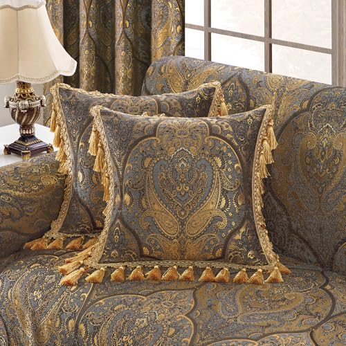 Loom and Mill 1 Piece Luxury Throw Pillow Covers 20x20 Inch, Classic Antique Decorative Pillow Cover with Tassels, Jacquard Damask Pillow Cases for Living Room Bedroom Sofa Couch Chair(Bronze Gold) - Image 1