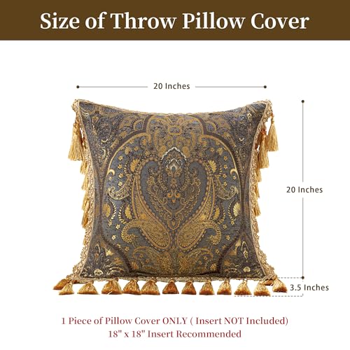 Loom and Mill 1 Piece Luxury Throw Pillow Covers 20x20 Inch, Classic Antique Decorative Pillow Cover with Tassels, Jacquard Damask Pillow Cases for Living Room Bedroom Sofa Couch Chair(Bronze Gold) - Image 2