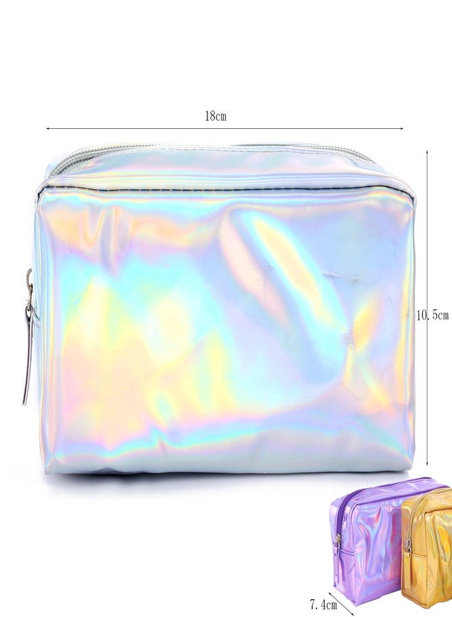 Teensery PU Leather Holographic Makeup Pouch Cosmetic Bag Waterproof Toiletries Organizer Pen Bag for Women and Girls (Silver) - Image 2