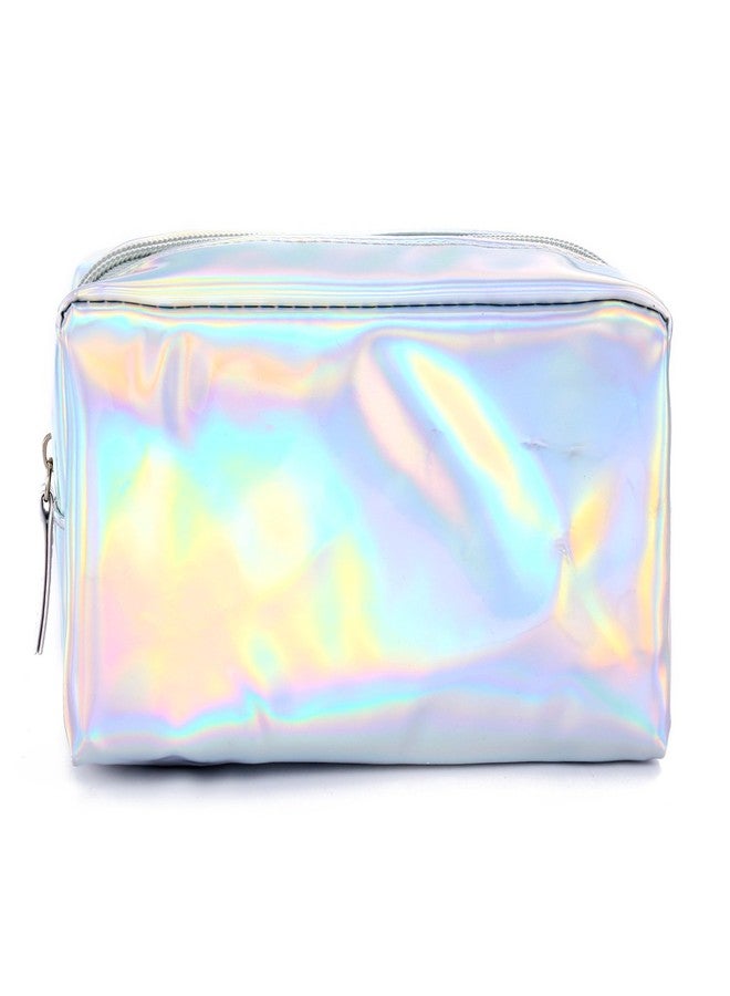 Teensery PU Leather Holographic Makeup Pouch Cosmetic Bag Waterproof Toiletries Organizer Pen Bag for Women and Girls (Silver) - Image 1