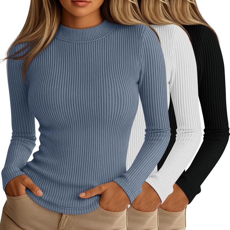 Riyiper 3 Pack Womens Ribbed Shirts Mock Turtleneck Long Sleeve Tops Slim Fitted Undershirts Casual Basic Layering TeesBlack White Haze BlueSmall - Image 2