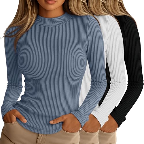 Riyiper 3 Pack Womens Ribbed Shirts Mock Turtleneck Long Sleeve Tops Slim Fitted Undershirts Casual Basic Layering TeesBlack White Haze BlueSmall - Image 1