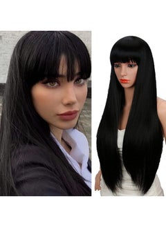 Kalyss 28 Inches Women'S Silky Long Straight Black Wig Heat Resistant Synthetic Wig With Bangs Hair Wig For Women  - Image 1