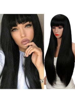 Kalyss 28 Inches Women'S Silky Long Straight Black Wig Heat Resistant Synthetic Wig With Bangs Hair Wig For Women  - Image 3