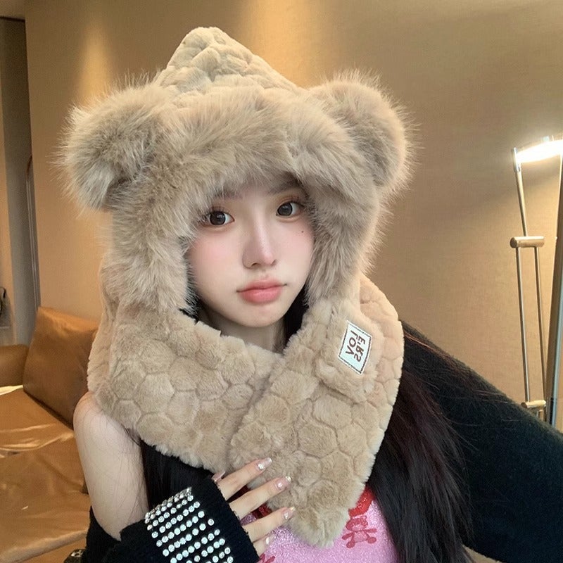 2024 Bear Hat Scarf Gloves Set Women Autumn Winter Khaki (two-piece set)