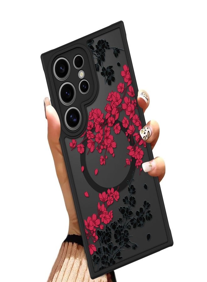 OOK Case Fit for Samsung Galaxy S24 Ultra 6.8 Inch (Wireless Charging Compatible) Red Floral Flowers Design Translucent Phone Cover Soft TPU + Hard PC Anti-Scratch Shockproof Magnetic Case for Women - Image 1