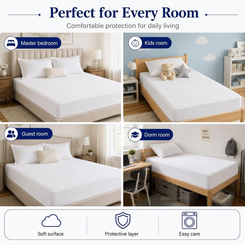Waterproof Terry Mattress Protector, White, Queen Size, Cotton and Polyester, Washable and Breathable ((100x200cm)) - Image 3